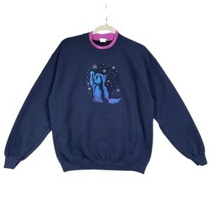 Vintage PFI Fashions Cat Snowflake Sweatshirt Womens Large Blue Winter